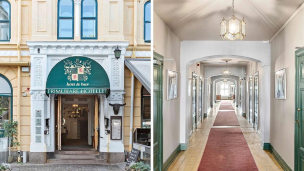 Entr till frimurarhotellet och insidan med rd matta